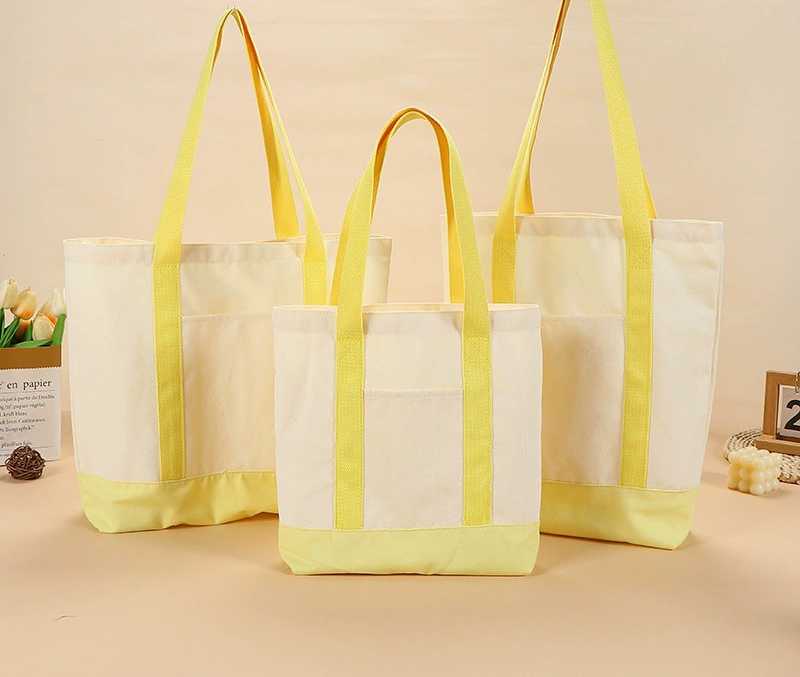Color Block Canvas Exterior Pocket Carry Tote Bag