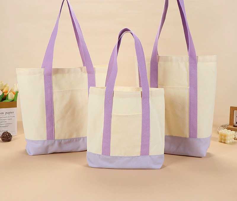 Color Block Canvas Exterior Pocket Carry Tote Bag