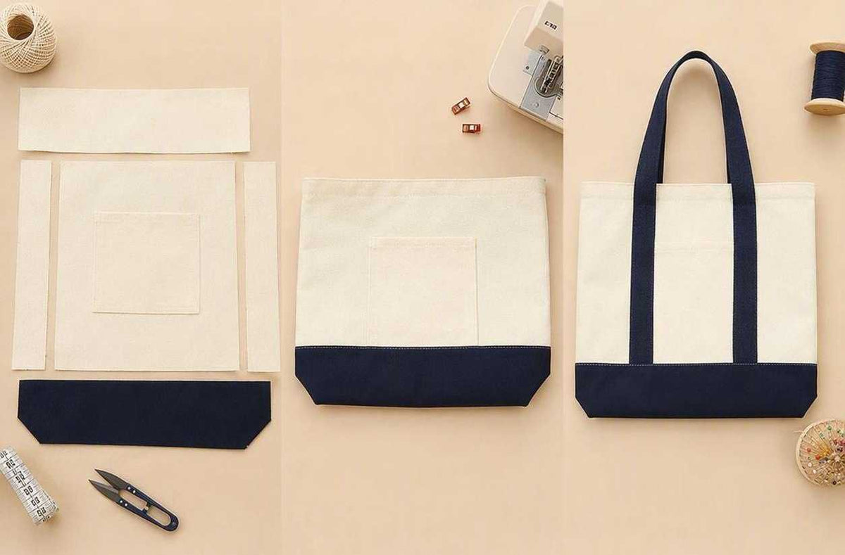 Color Block Canvas Exterior Pocket Carry Tote Bag