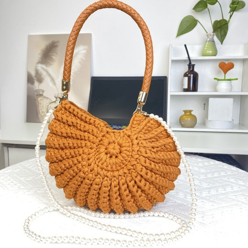 Women Handmade Crochet Conch Shell Beach Woven Pearl Chain Shoulder Crossbody Bag