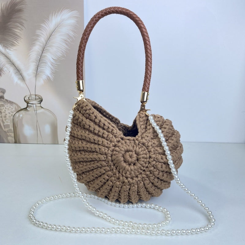 Women Handmade Crochet Conch Shell Beach Woven Pearl Chain Shoulder Crossbody Bag