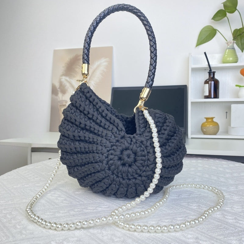 Women Handmade Crochet Conch Shell Beach Woven Pearl Chain Shoulder Crossbody Bag