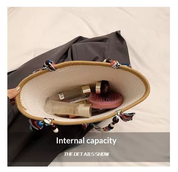 Women New Straw Woven Large Scarf Tie Shoulder Beach Bag