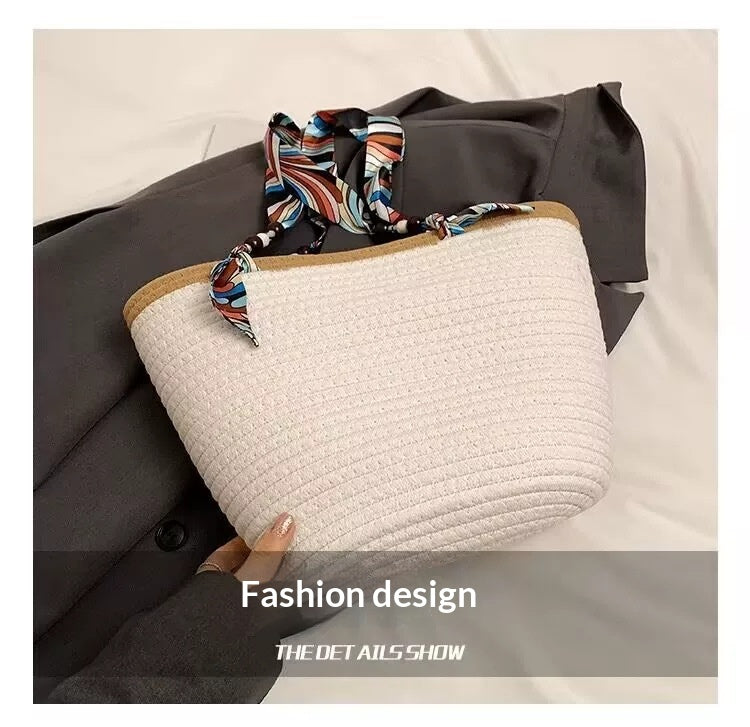 Women New Straw Woven Large Scarf Tie Shoulder Beach Bag