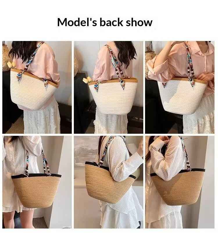 Women New Straw Woven Large Scarf Tie Shoulder Beach Bag