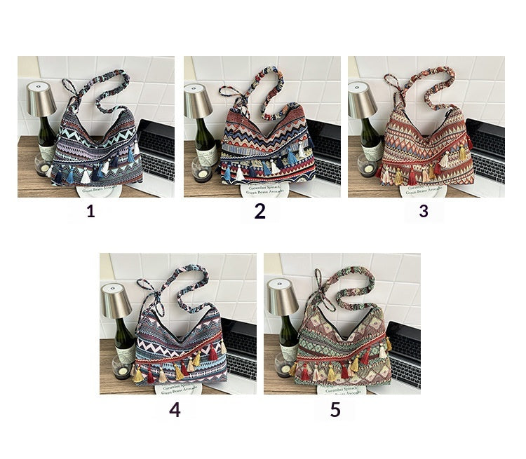 Women 2026 New Fashion Ethnic Jacquard Tassel Large Crossbody Bag