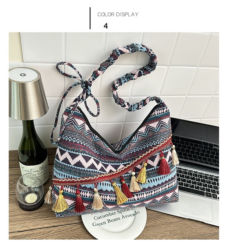 Women 2026 New Fashion Ethnic Jacquard Tassel Large Crossbody Bag