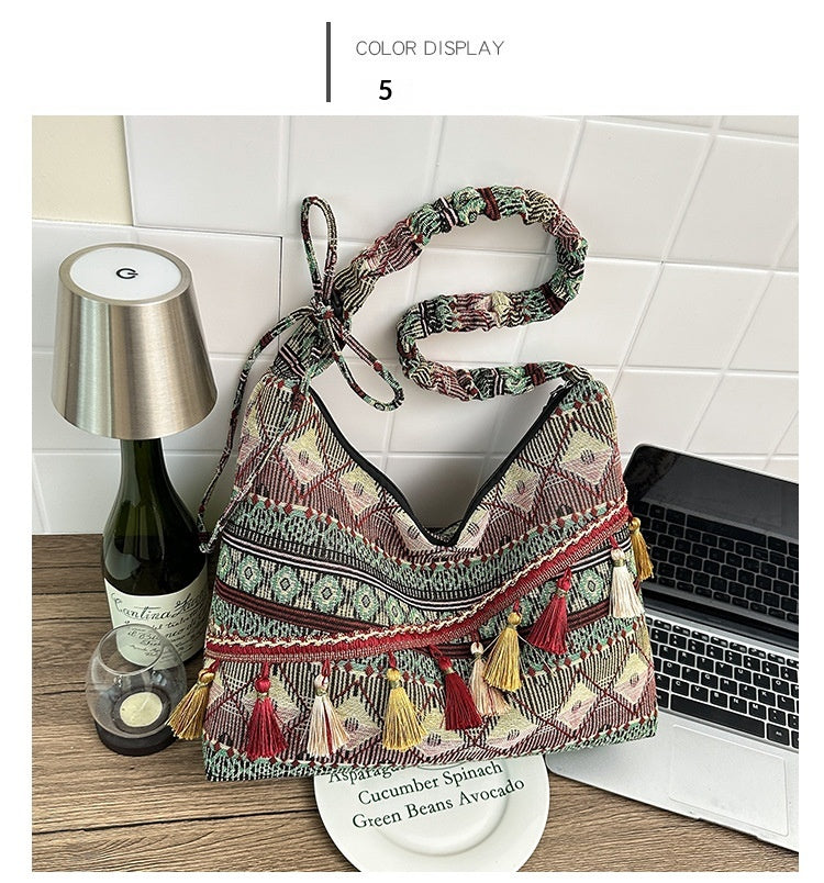 Women 2026 New Fashion Ethnic Jacquard Tassel Large Crossbody Bag