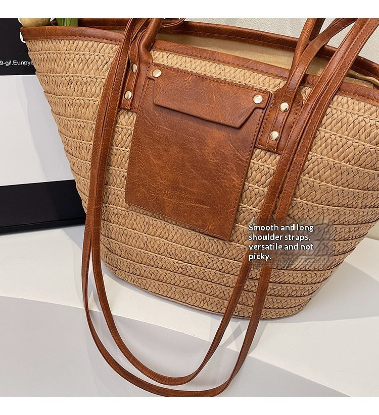 Women Travel Vacation Straw 2026 Summer New Woven Handheld Large Tote Bag
