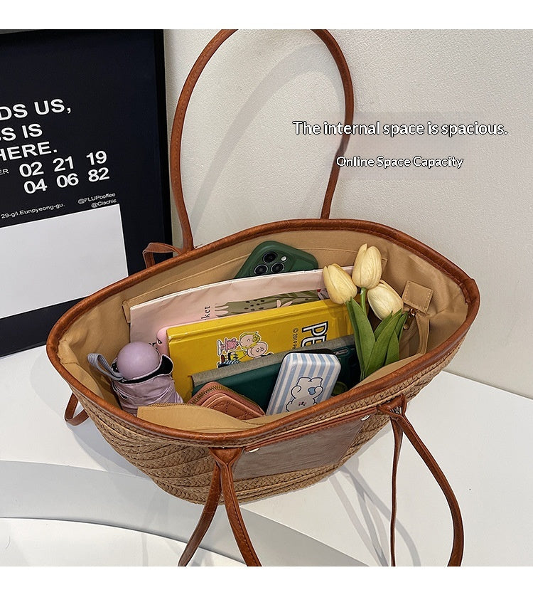 Women Travel Vacation Straw 2026 Summer New Woven Handheld Large Tote Bag