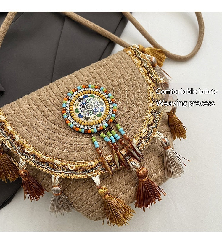 Women Bohemian Tassel 2026 New Ethnic Woven Beach Crossbody Phone Bag