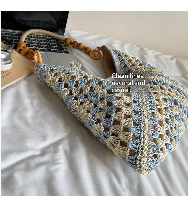 Women Summer Hollow Straw 2026 New Vintage Wood Bead Shoulder Beach Bag