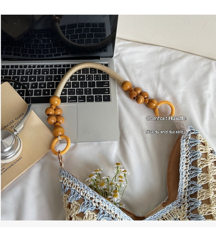 Women Summer Hollow Straw 2026 New Vintage Wood Bead Shoulder Beach Bag