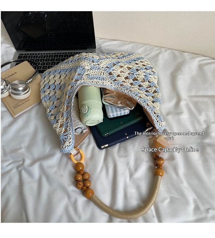 Women Summer Hollow Straw 2026 New Vintage Wood Bead Shoulder Beach Bag