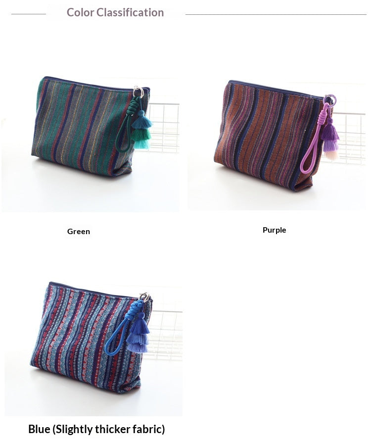 Women Colorful Stripe Tassel Handheld Ethnic Zipper Travel Pouch