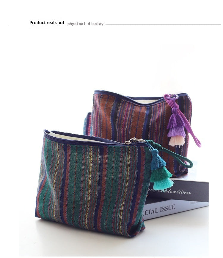 Women Colorful Stripe Tassel Handheld Ethnic Zipper Travel Pouch