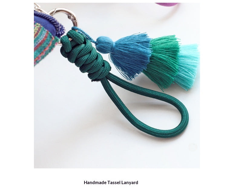 Women Colorful Stripe Tassel Handheld Ethnic Zipper Travel Pouch