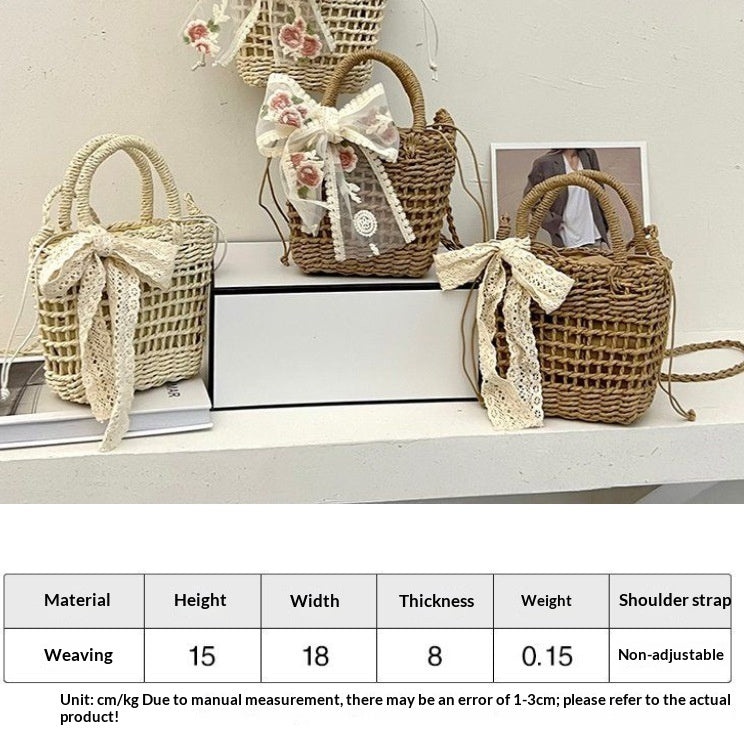 Women Bow Hollow Square Handheld Crossbody Vintage Straw Beach Bag