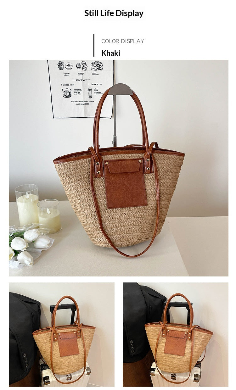 Women Travel Vacation Straw 2026 Summer New Fashion Woven Handheld Large Tote Bag