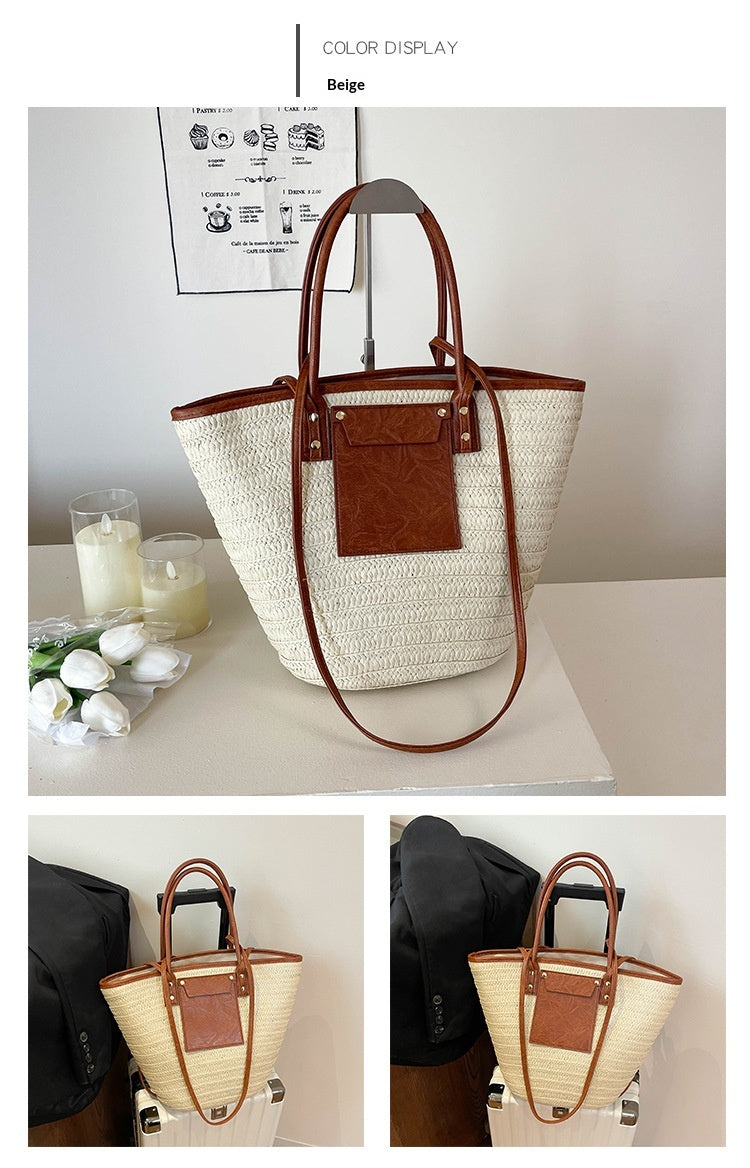 Women Travel Vacation Straw 2026 Summer New Fashion Woven Handheld Large Tote Bag
