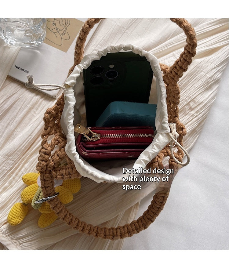2026 Spring New Unique Handmade Woven Mesh Mini Bucket Korean Lazy Bag