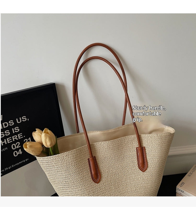 Women Trendy Shoulder Straw New Large Woven Beach Handheld Tote Bag