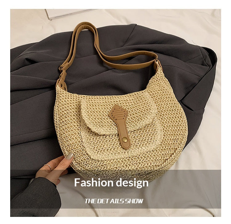 Women Casual Vacation Straw 2026 Summer New Versatile Shoulder Underarm Saddle Large Beach Bag