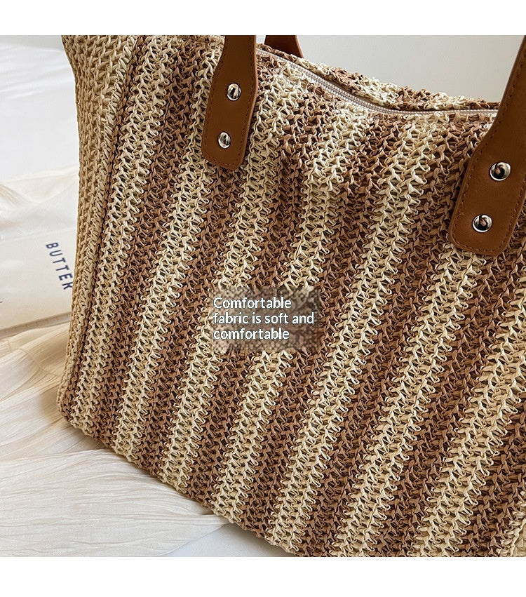 Women Fabric Straw Woven Tote 2026 New Leather Strap Summer Premium Bag