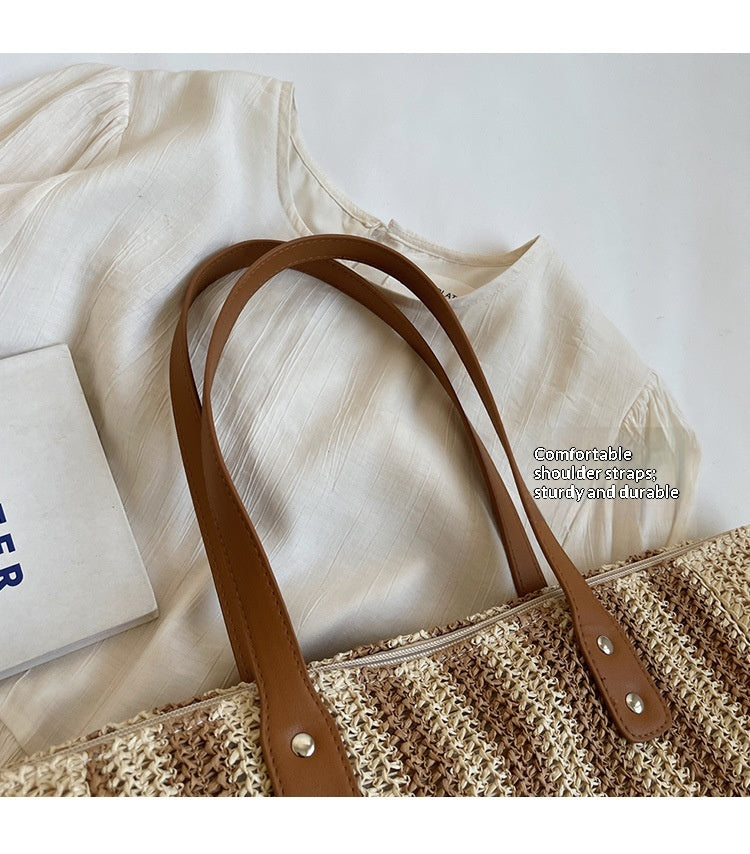 Women Fabric Straw Woven Tote 2026 New Leather Strap Summer Premium Bag