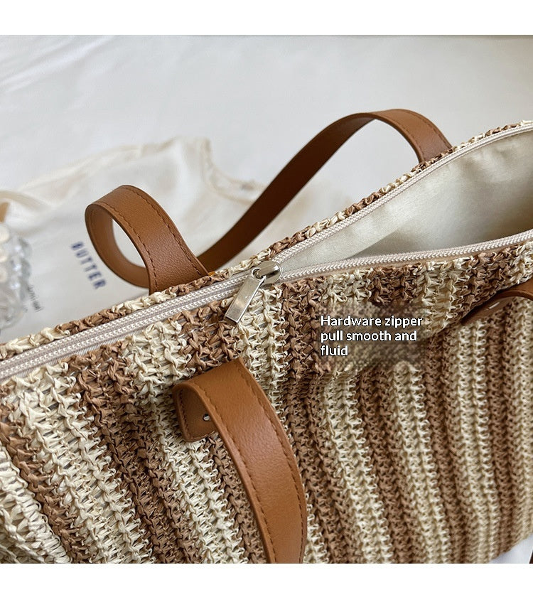 Women Fabric Straw Woven Tote 2026 New Leather Strap Summer Premium Bag
