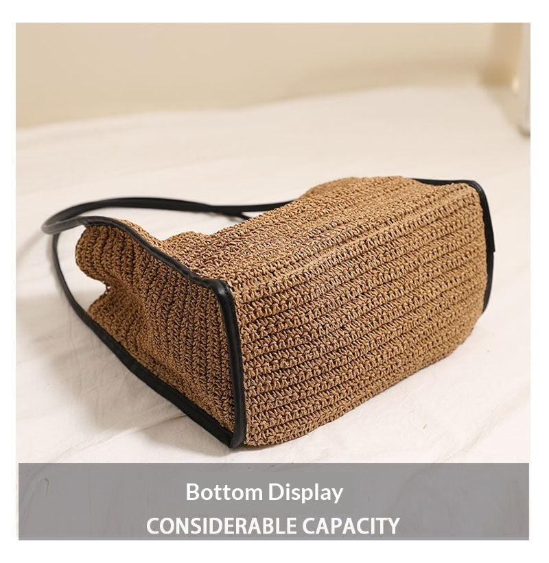 Women Large Shoulder Straw New Square Solid Woven Beach Bag