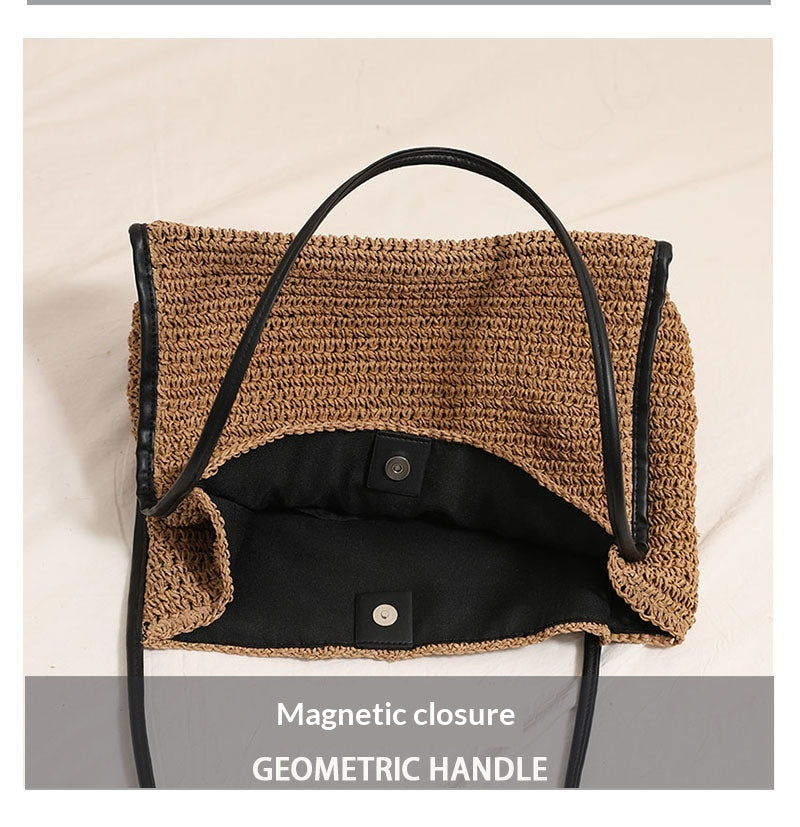 Women Large Shoulder Straw New Square Solid Woven Beach Bag