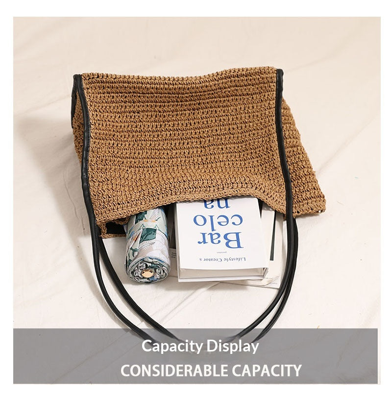 Women Large Shoulder Straw New Square Solid Woven Beach Bag