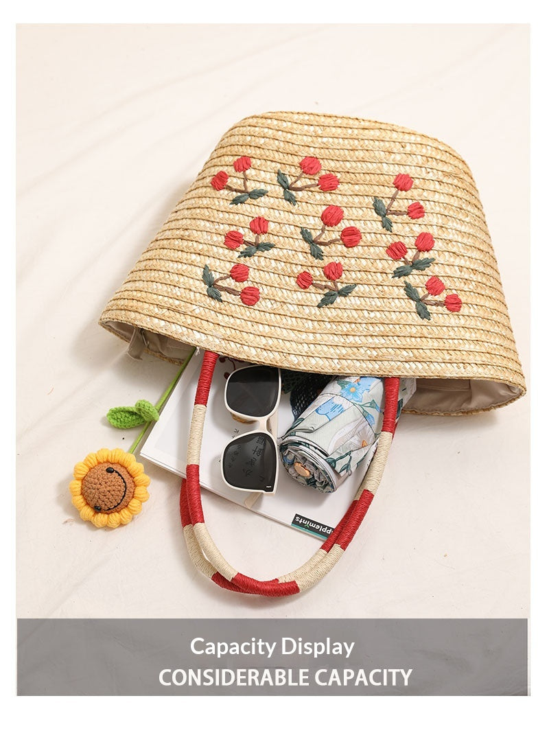 Unique Embroidered Cherry Shoulder Straw New Large Beach Bag