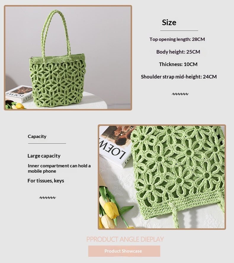 Women New Hollow Floral Straw Woven Shoulder Handheld Beach Bag
