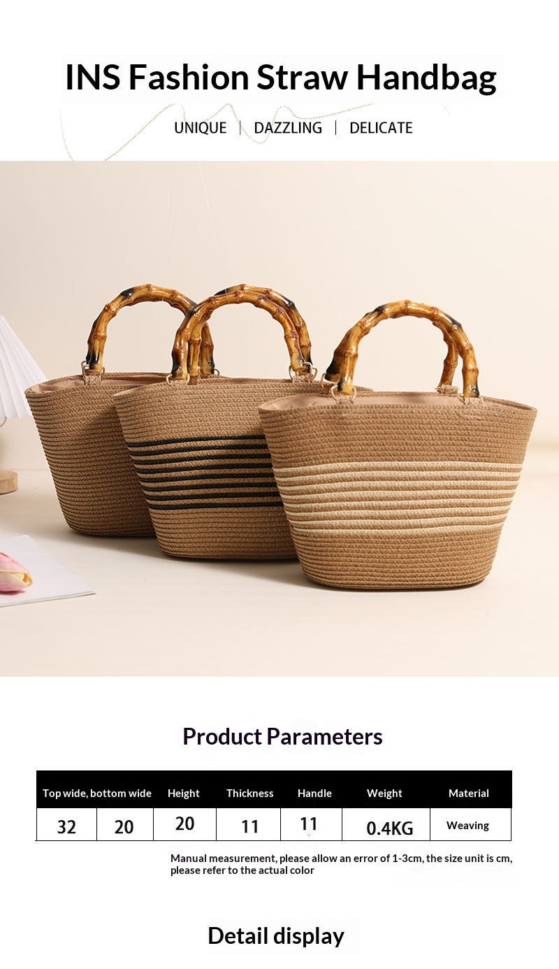 Women Bamboo Handheld Straw New Elegant Striped Woven Beach Bag