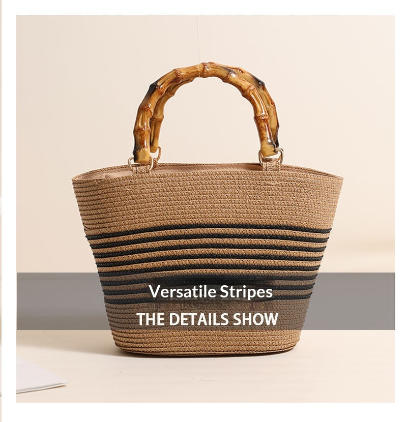 Women Bamboo Handheld Straw New Elegant Striped Woven Beach Bag