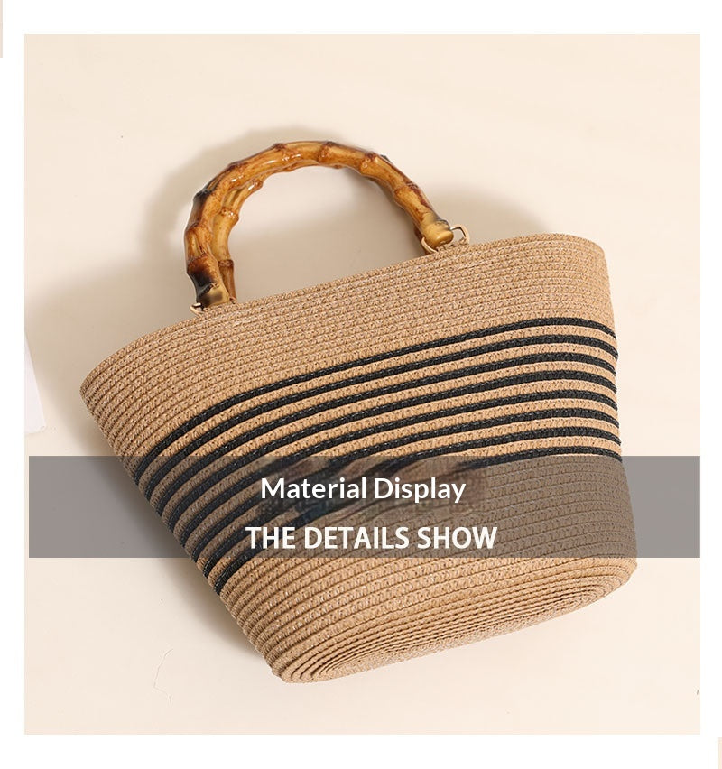 Women Bamboo Handheld Straw New Elegant Striped Woven Beach Bag