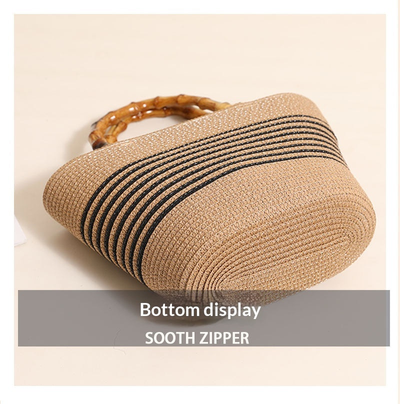 Women Bamboo Handheld Straw New Elegant Striped Woven Beach Bag