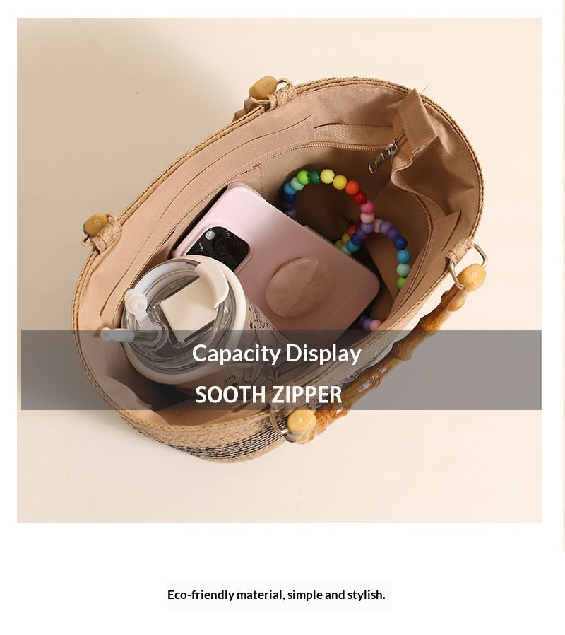 Women Bamboo Handheld Straw New Elegant Striped Woven Beach Bag