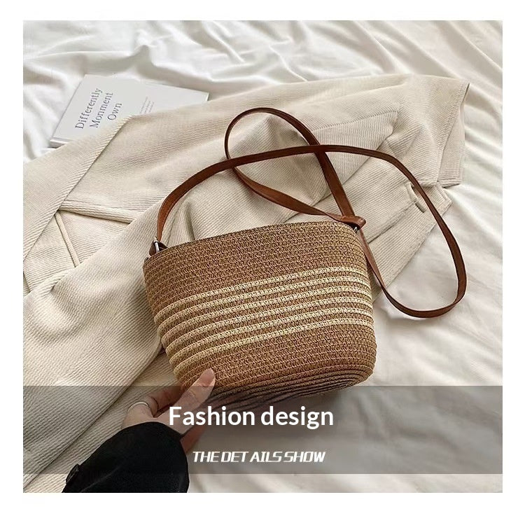 Women Striped Straw New Fresh Minimalist Woven Vacation Beach Bag