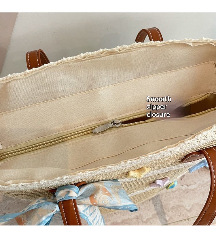 Women New Straw Picnic Woven Beach Handheld Tote Bag