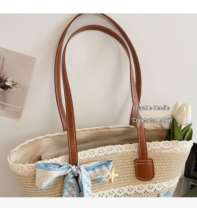 Women New Straw Picnic Woven Beach Handheld Tote Bag