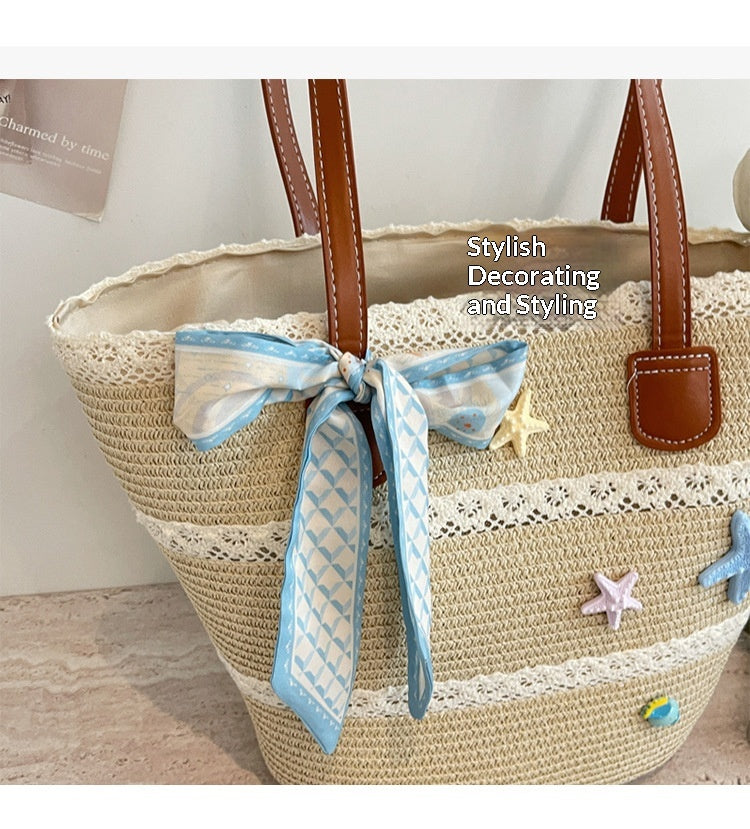 Women New Straw Picnic Woven Beach Handheld Tote Bag