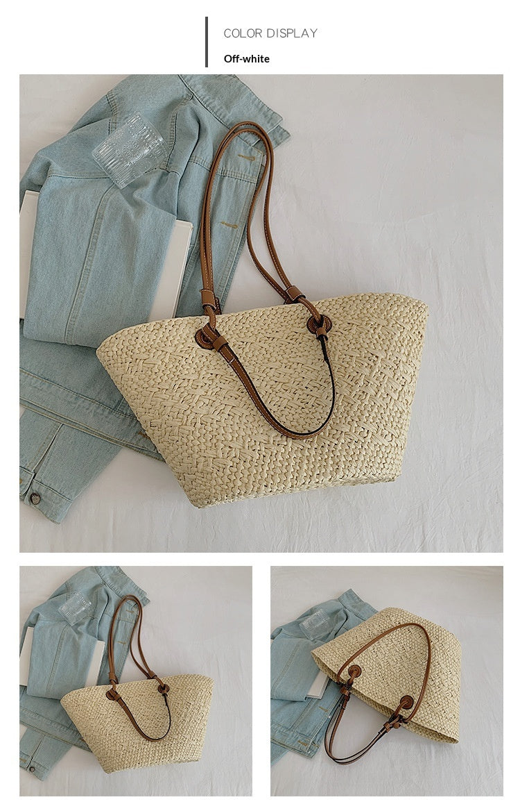 Women Straw Large Minimalist Handmade Woven Handheld Shoulder Beach Bag
