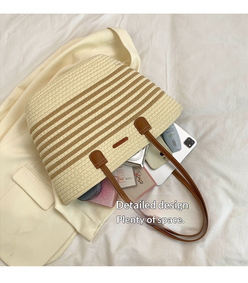 Women Fashion Straw Large Hollow Tote Beach Cotton Handheld Bag