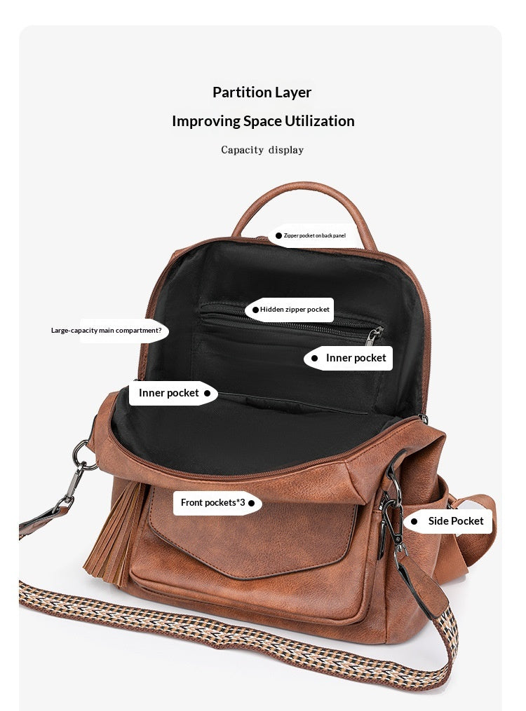 Women Winter New Vintage Fashion Large Two Tone Tassel Backpack