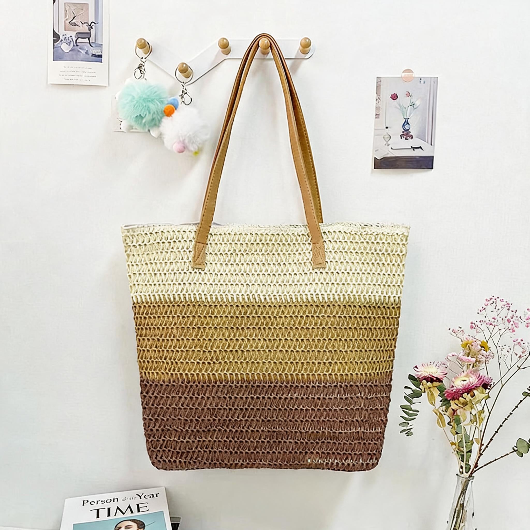 Three-Color Spliced Straw Large Capacity Beach Bag