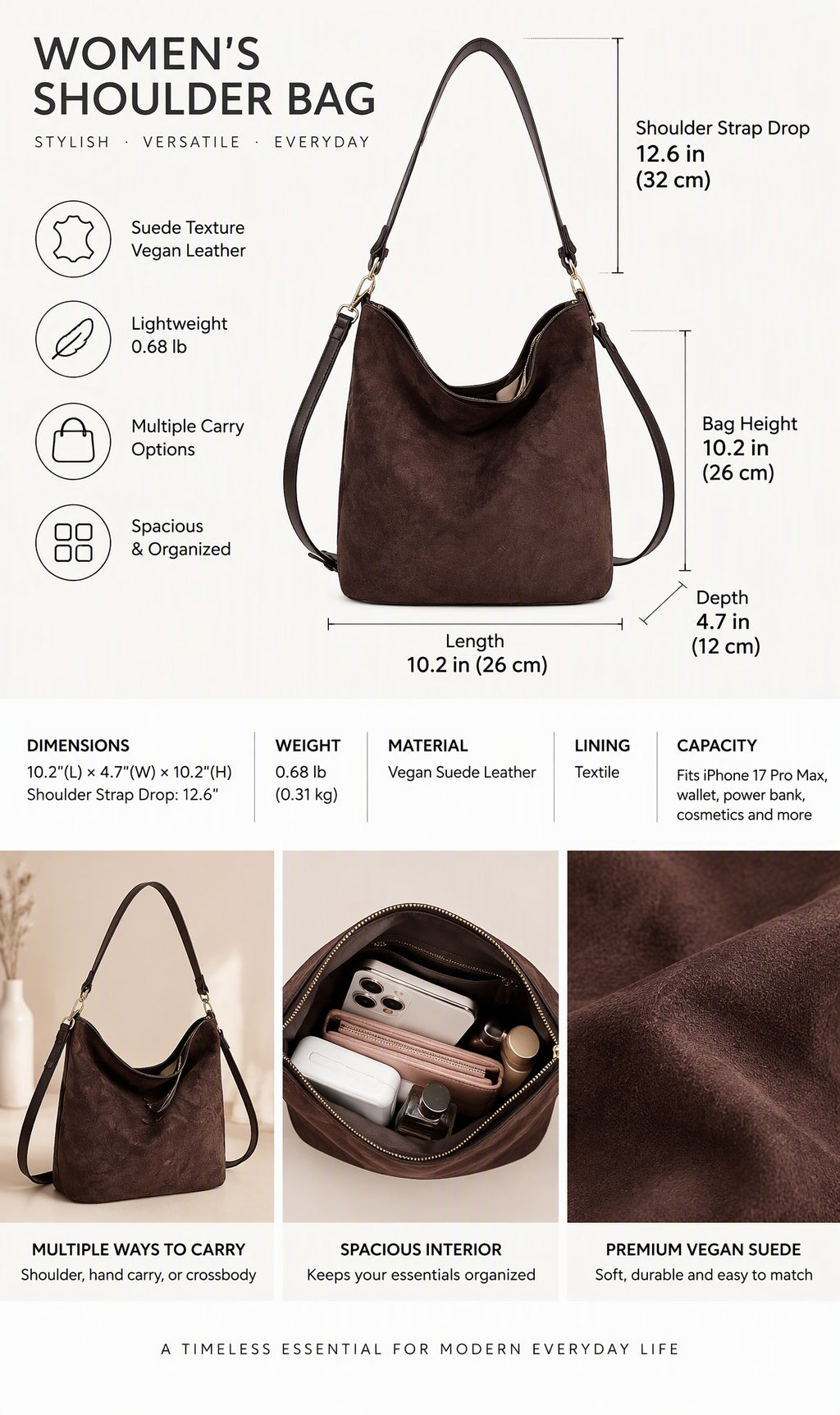 Vintage Faux Suede Slouchy Hobo Shoulder Bag with Crossbody Strap