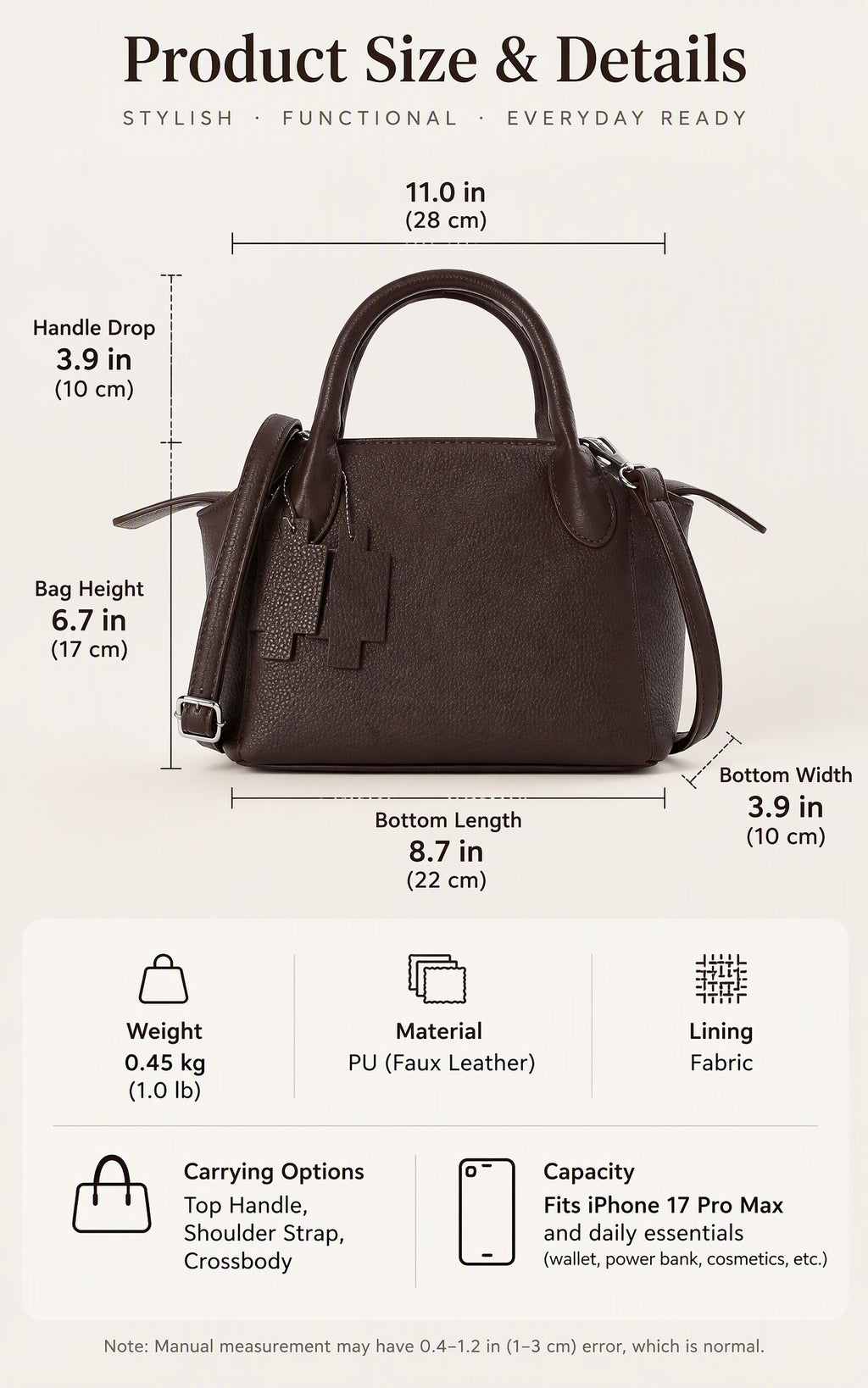 Compact Structured Shoulder Bag with Detachable Crossbody Strap